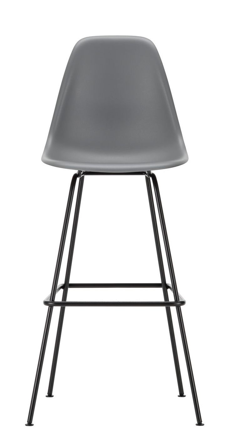 Grauer Eames Plastic Bar Stool Barhocker High von Vitra mit schwarzem Metallgestell, Frontansicht.