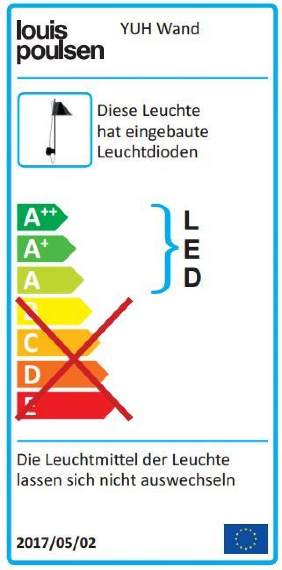 Energieeffizienzlabel der Yuh LED Wandleuchte von Louis Poulsen mit Informationen zu Energieverbrauch und Leuchtmittel.