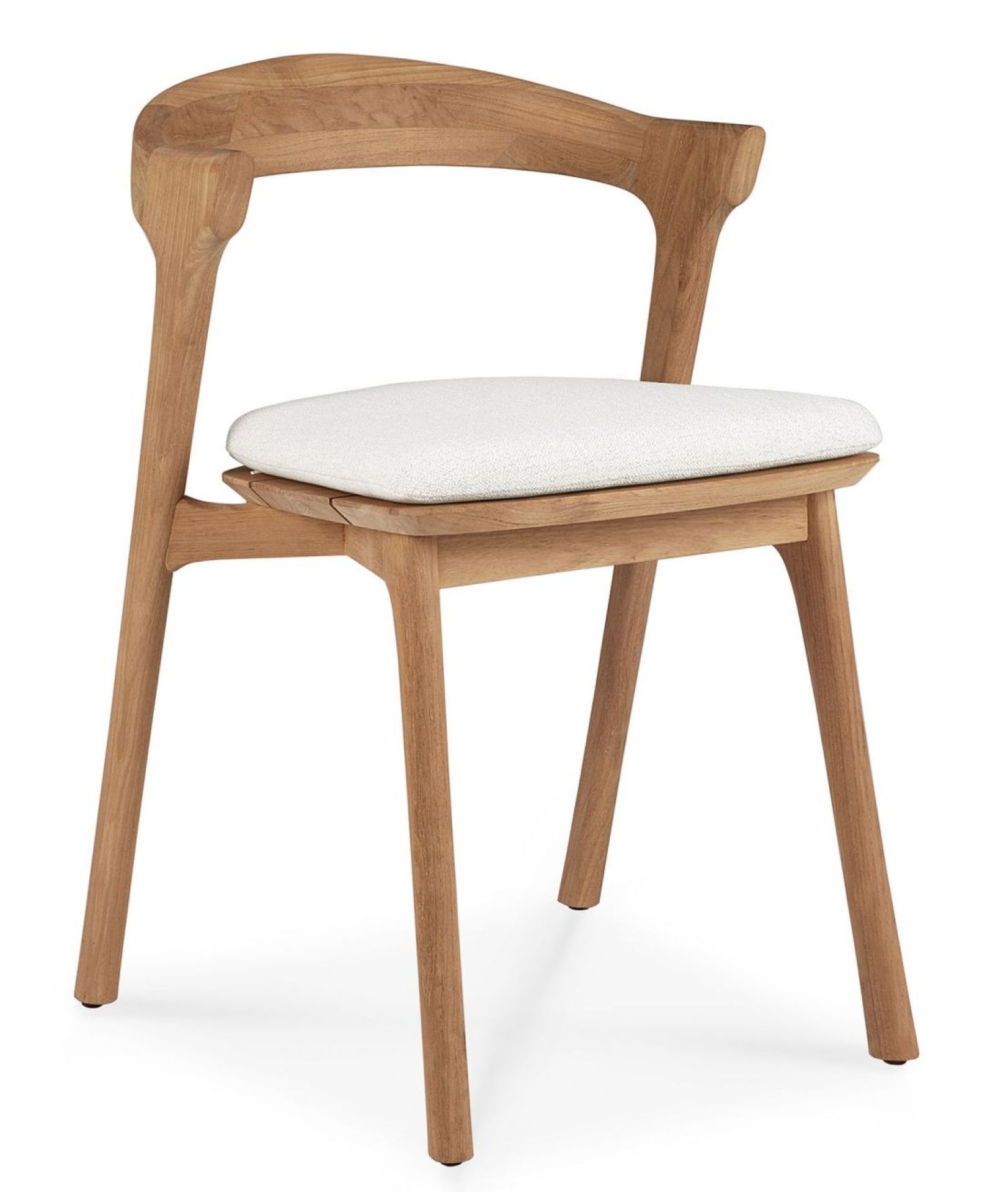 Ethnicraft Bok Stuhl mit weißem Sitzkissen für den Außenbereich, Teakholz, modernes Design.
