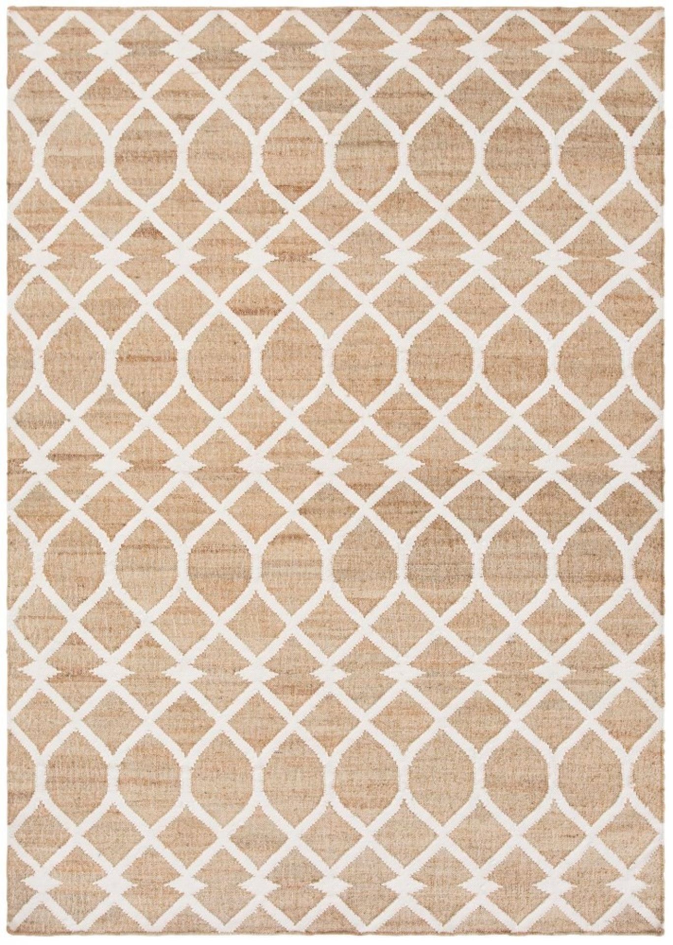 Kilim Teppich mit geometrischem Muster in Weiß und Beige, ein Rodas Teppich.