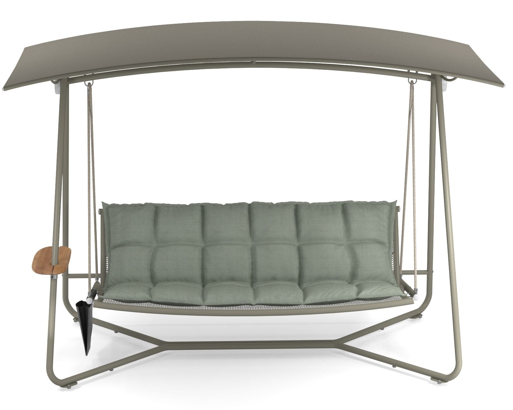Reel Rocking Sofa von Emu, eine moderne Outdoor Schaukel mit komfortablen, grünen Polstern.