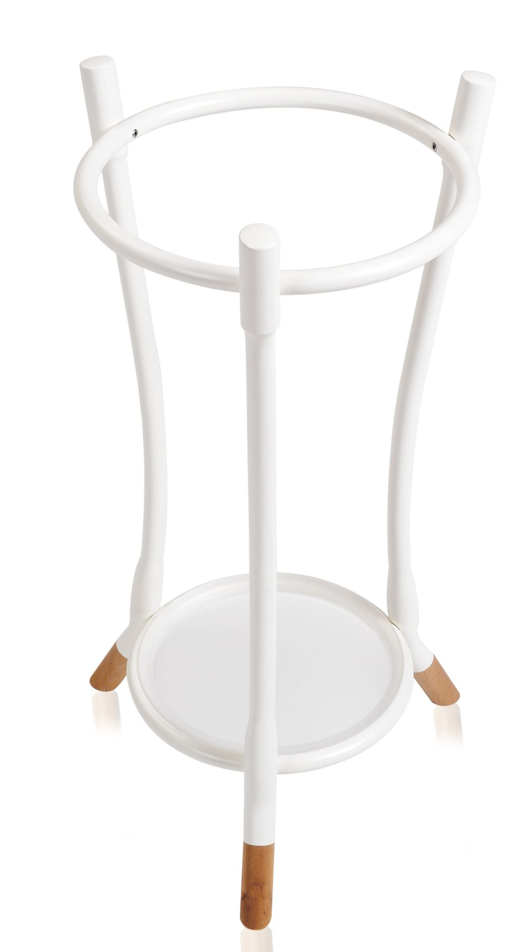 Weißer Cloud Schirmständer von Wiener GTV Design mit runder Ablage und hölzernen Füßen, moderne Schirmhalterung für Flur und Eingangsbereich.