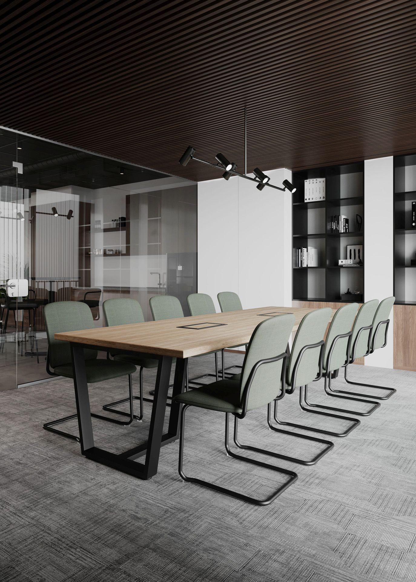 hens HS 231 Stuhl von Bejot in einem modernen Konferenzraum mit Holztisch und Regalen.