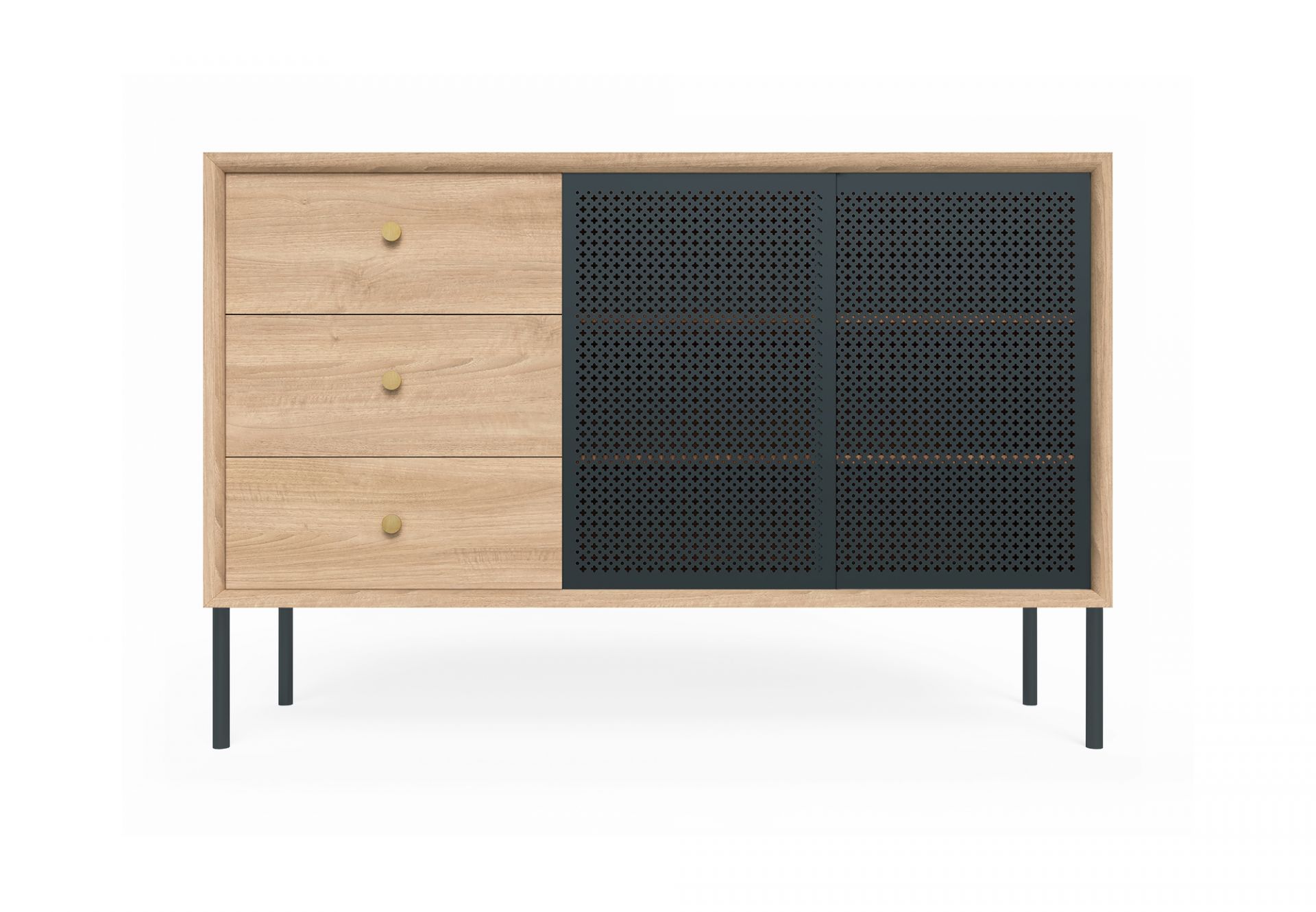 Gabin Sideboard von Hartô: Holzkommode mit drei Schubladen und perforierten Schiebetüren. Modernes Möbelstück für Wohnzimmer.