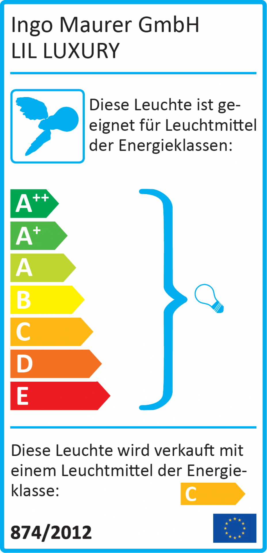 Energieeffizienzlabel der Lil Luxury Deckenleuchte von Ingo Maurer mit Energieklassen A++ bis E.