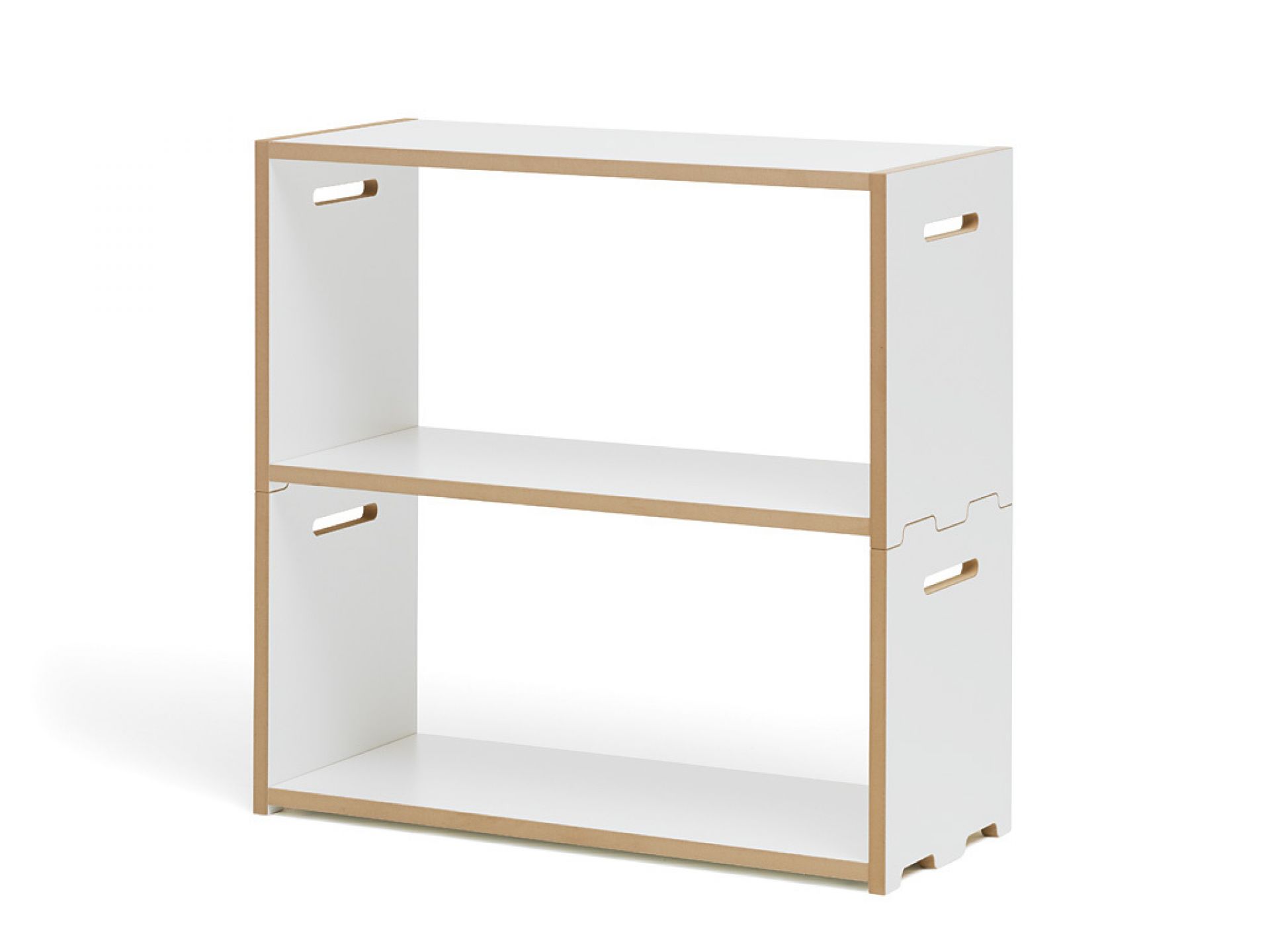 Tojo Hochstapler Regal Anbaumodul, weißes Holzregal mit zwei Fächern und Tragegriffen.