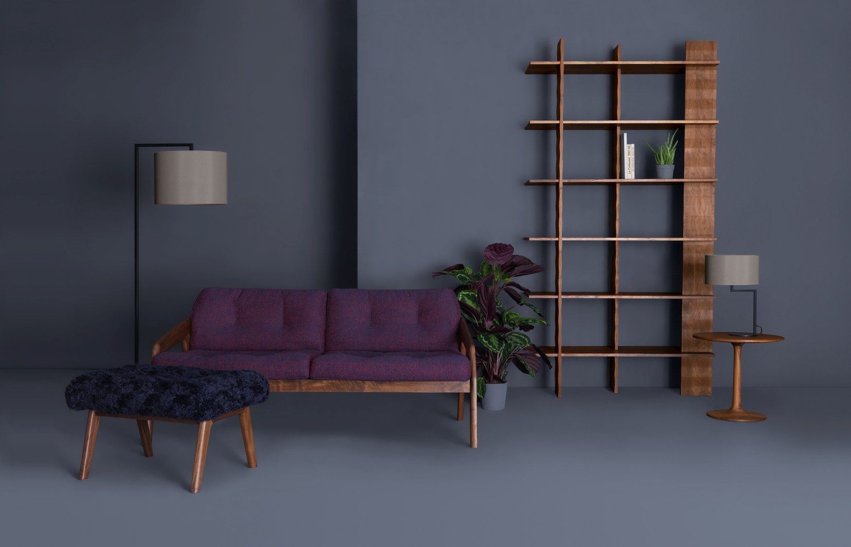 Friday 2 Sofa: Zweisitzer Sofa in Lila mit Holzrahmen und passendem Hocker.