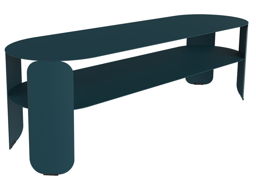 Fermob Bebop Low Table, niedriger Outdoor-Tisch in Petrolblau mit zwei ovalen Ablageflächen.