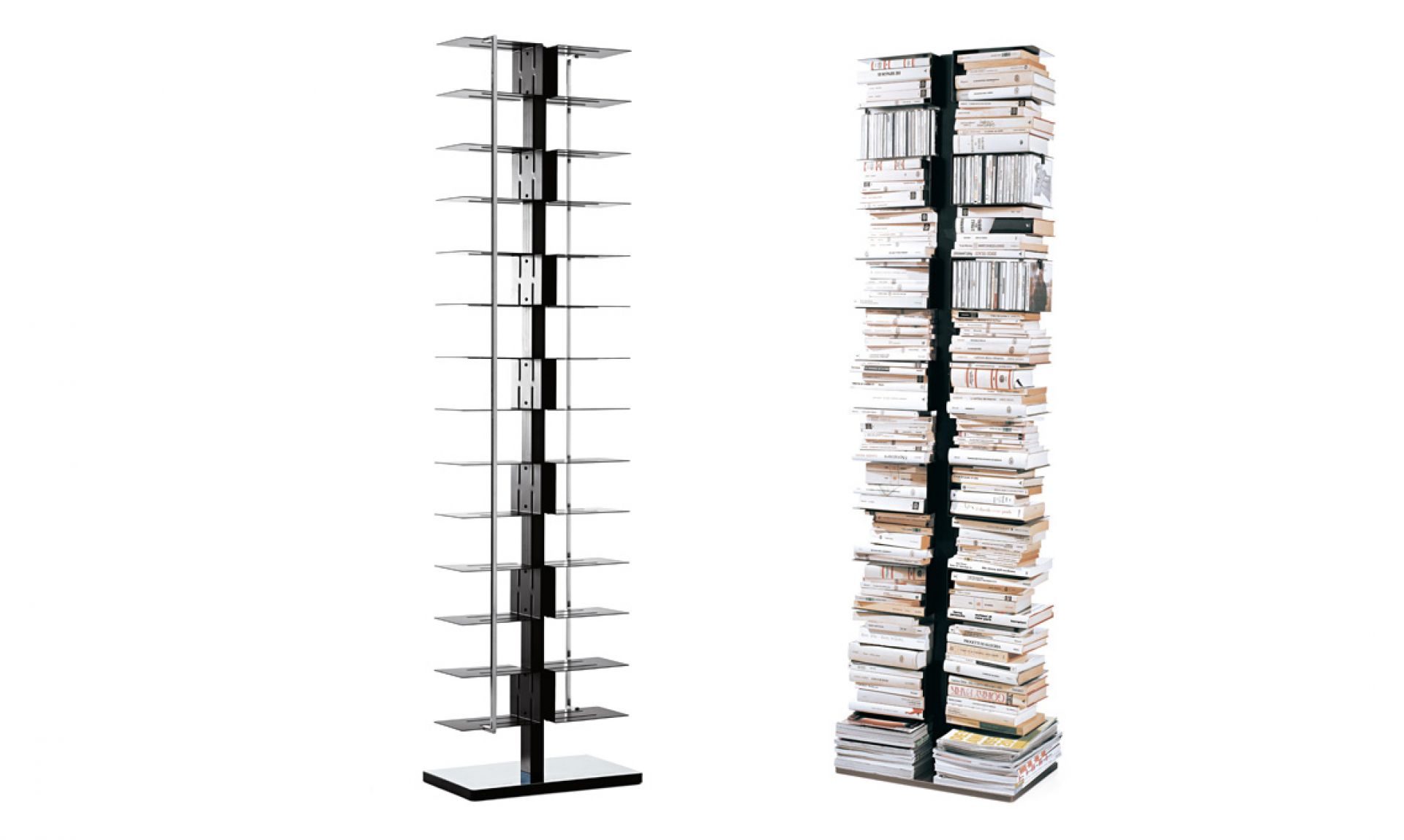 Ptolomeo Bücherregal: Freistehende Design Bücher/CD-Säule, leer und voll mit Büchern. Vertikale Aufbewahrung für Wohnzimmer.