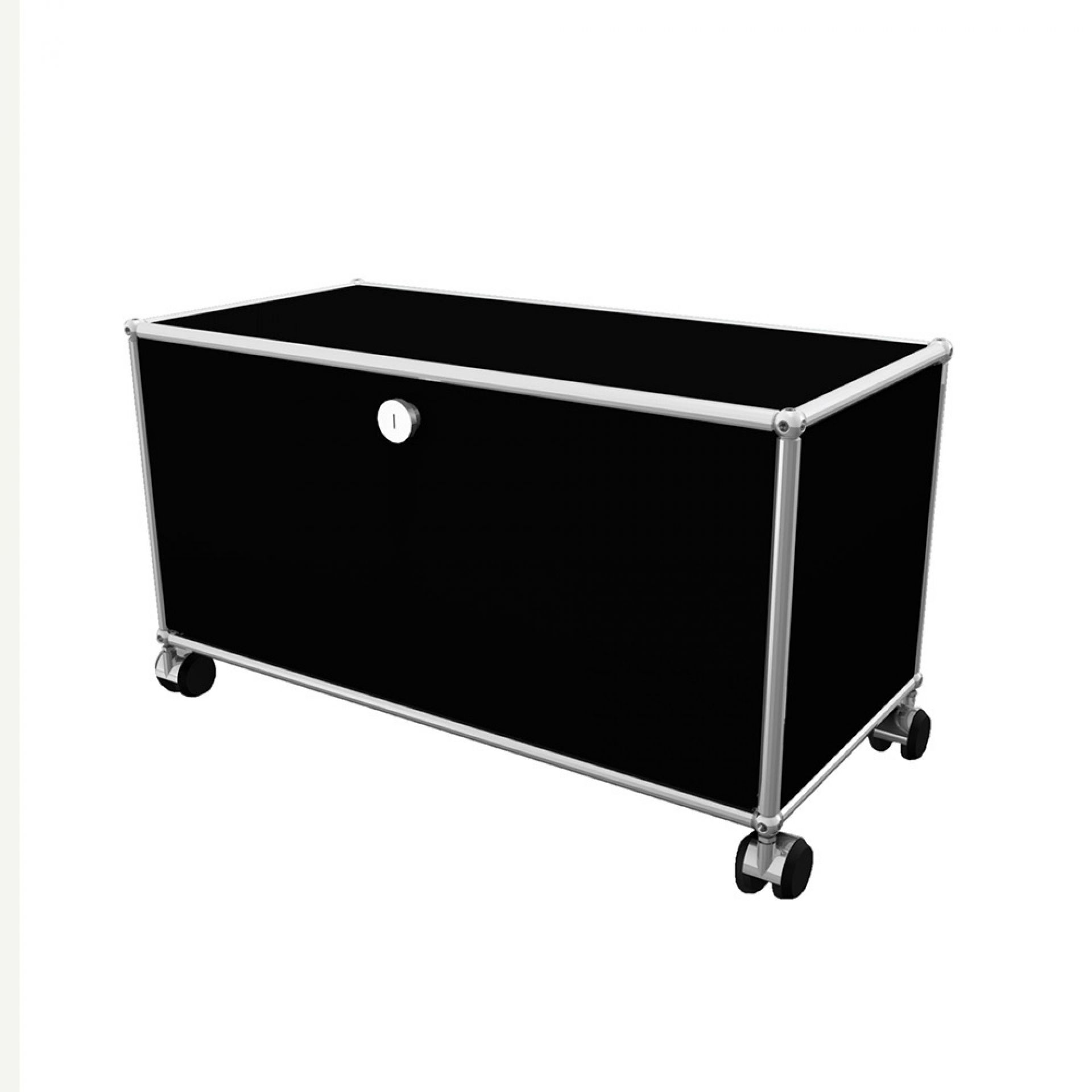 USM Haller TV-Möbel in Graphitschwarz mit Rollen, modernes Hi-Fi-Möbel für Wohnzimmer und Medienbereich.