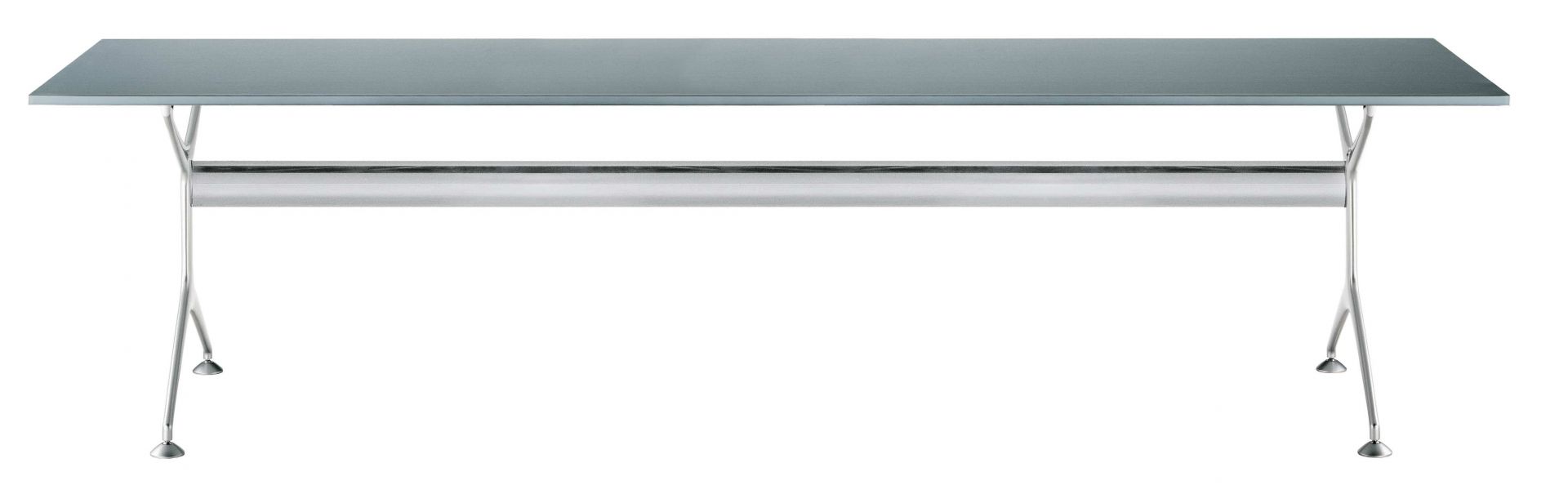 Frametable Tisch: Moderner Esstisch mit grauer Tischplatte und filigranem, silberfarbenem Metallgestell.