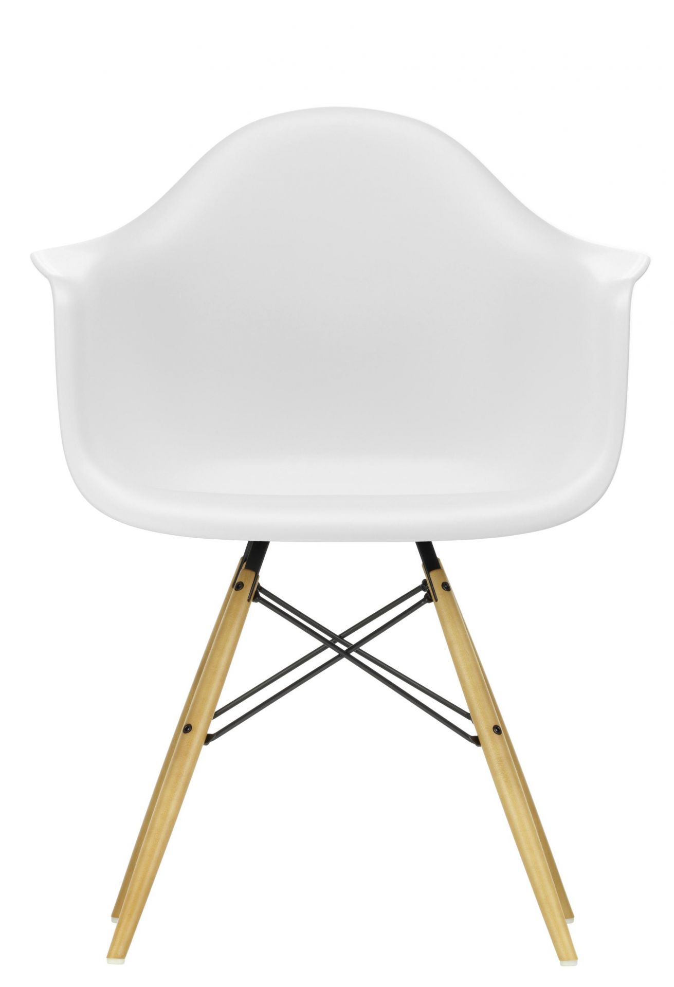 Weißer Eames Plastic Arm Chair DAW Stuhl mit Ahorn-Gestell von Vitra, Vorderansicht.