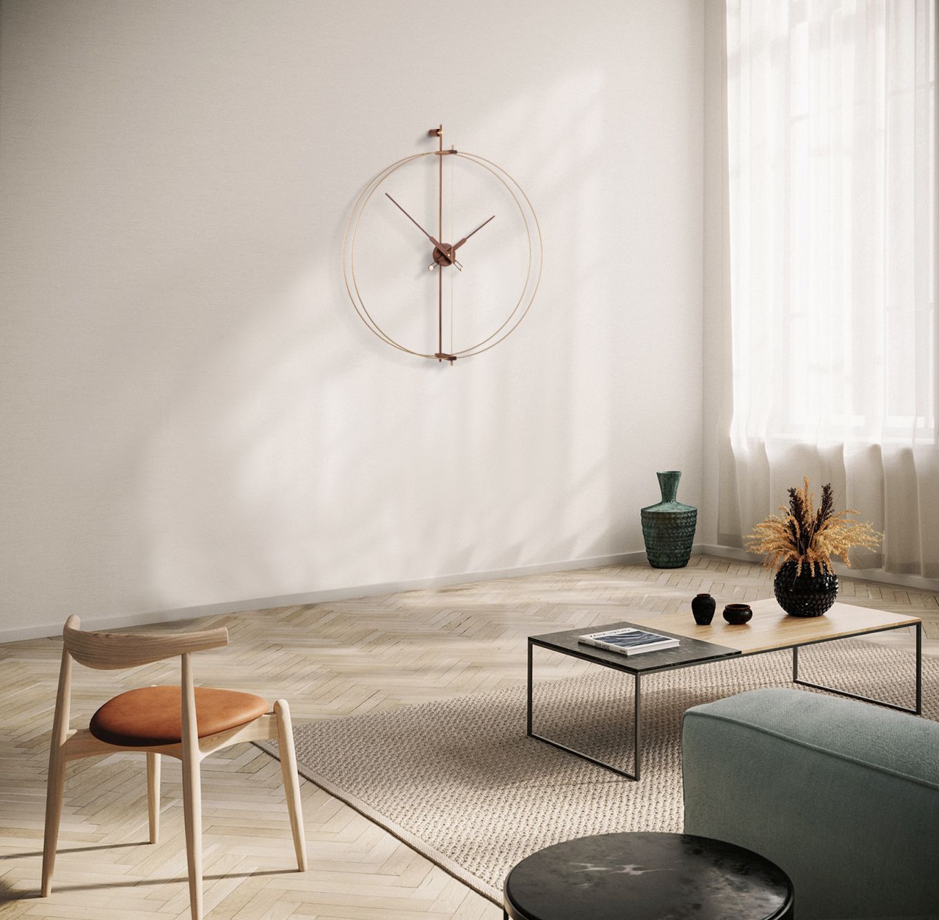 Barcelona Premium Gold Uhr von Nomon, minimalistische Wanduhr in modernem Wohnzimmer.