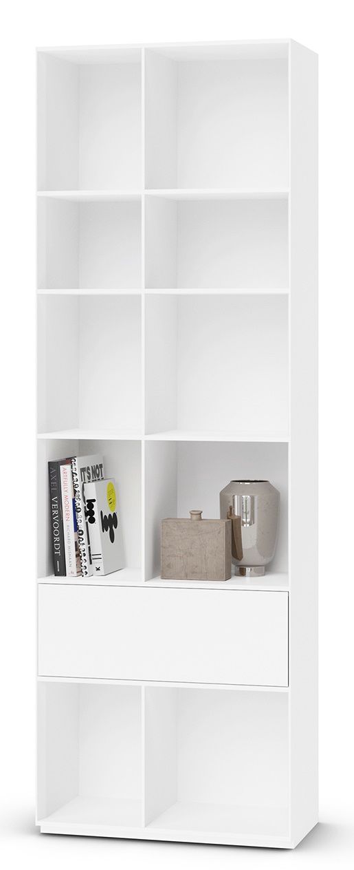 Weißes Nex Pur Regal von Piure mit Schublade und offenen Fächern, Bücher und Dekoration.
