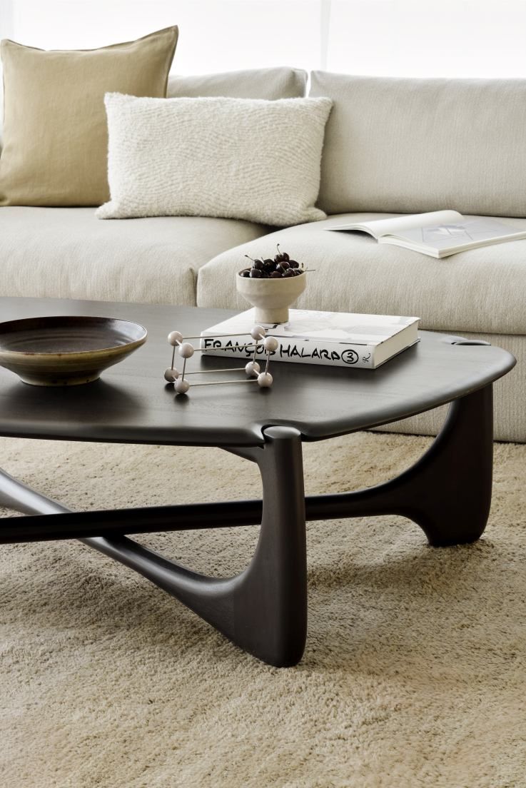 Ethnicraft PI Coffee Table Couchtisch aus dunklem Holz mit Deko-Elementen auf einem beigen Teppich.