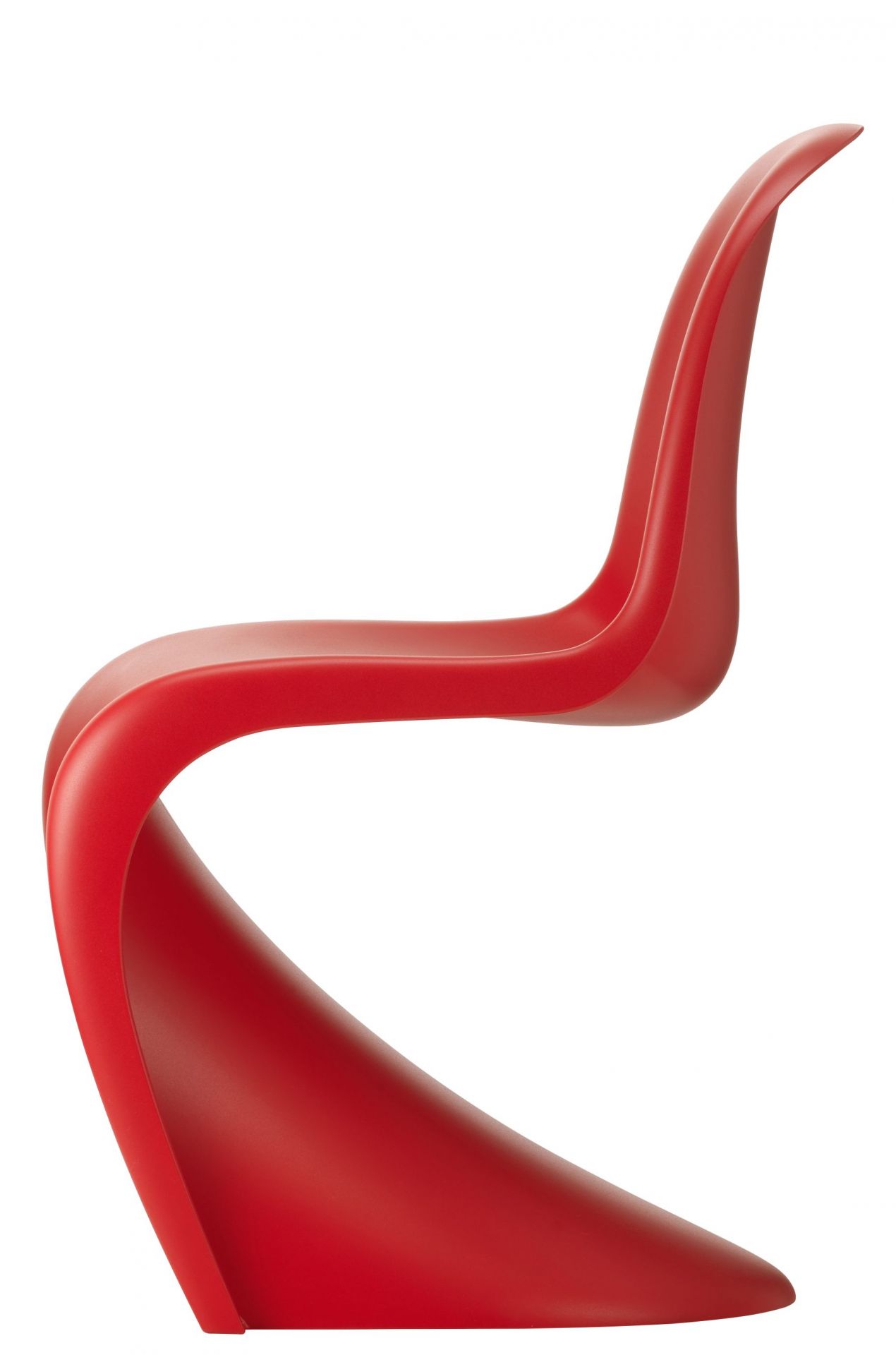 Roter Panton Chair von Vitra in neuer Höhe, ein Designklassiker aus Kunststoff.