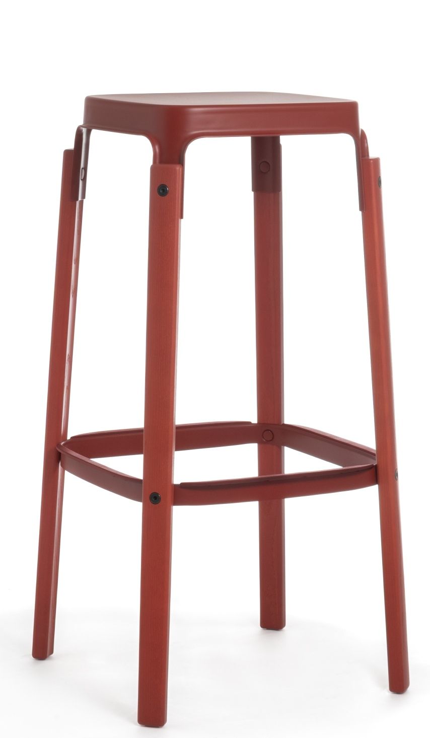 Roter Steelwood Stool Barhocker von Magis, Hocker aus Holz und Stahl, modernes Küchendesign.