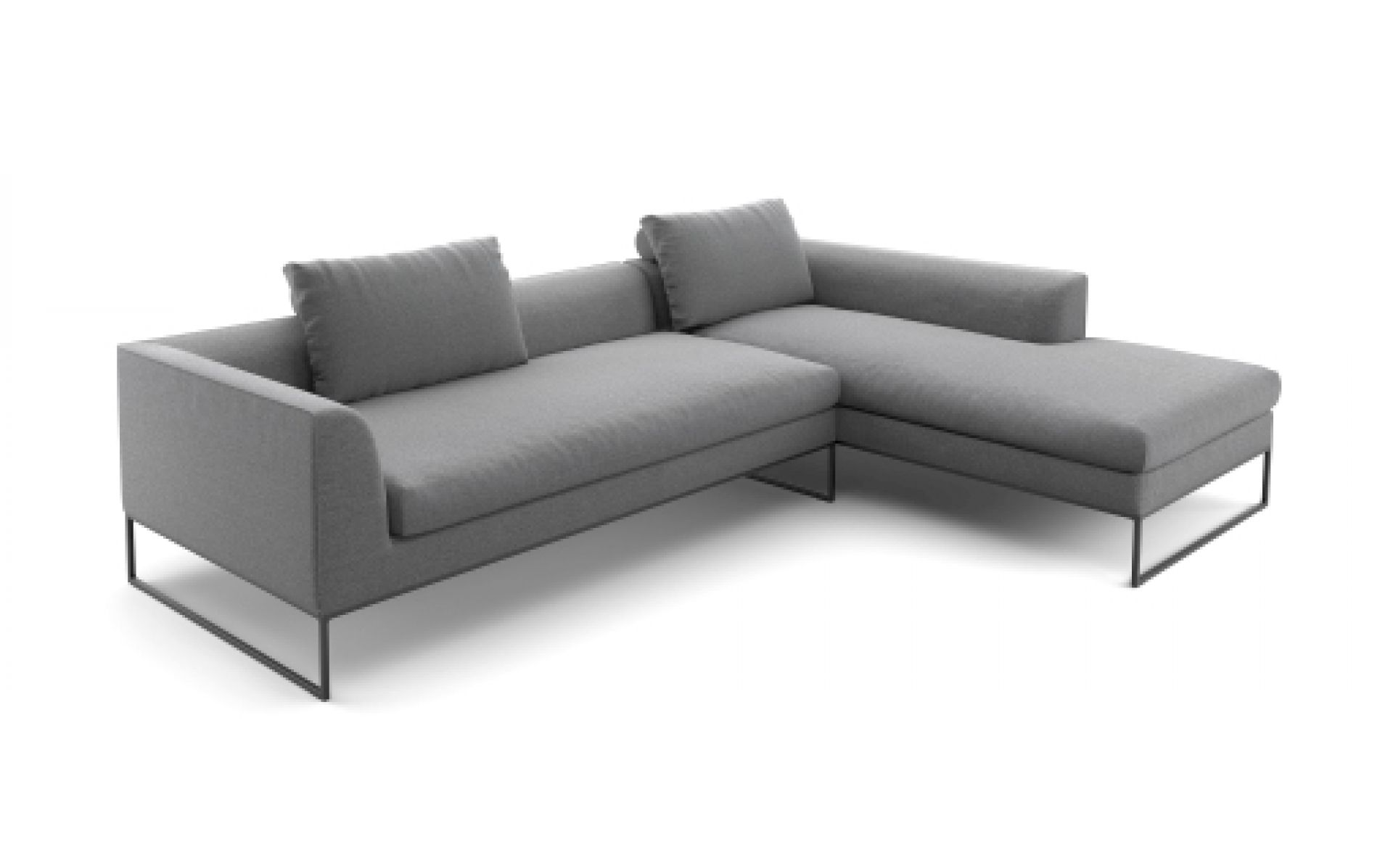Graues Mell Lounge Sofa mit Recamiere und Kissen auf filigranem, schwarzem Metallgestell. Modernes Design.