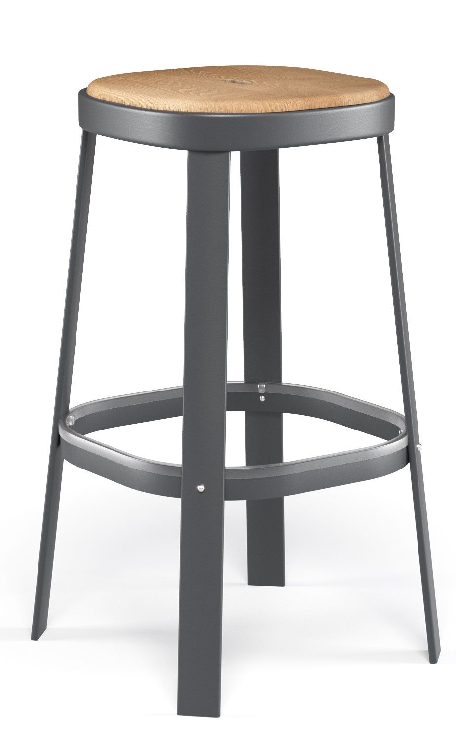 Thor Barstool Barhocker Outdoor Emu mit Holz-Sitzfläche und grauem Metallgestell, Frontansicht.