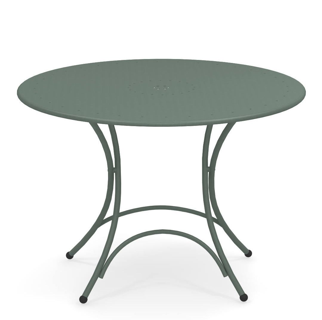 Pigalle Klapptisch Outdoor von Emu, runder Gartentisch aus Metall in Salbeigrün für Balkon und Terrasse.