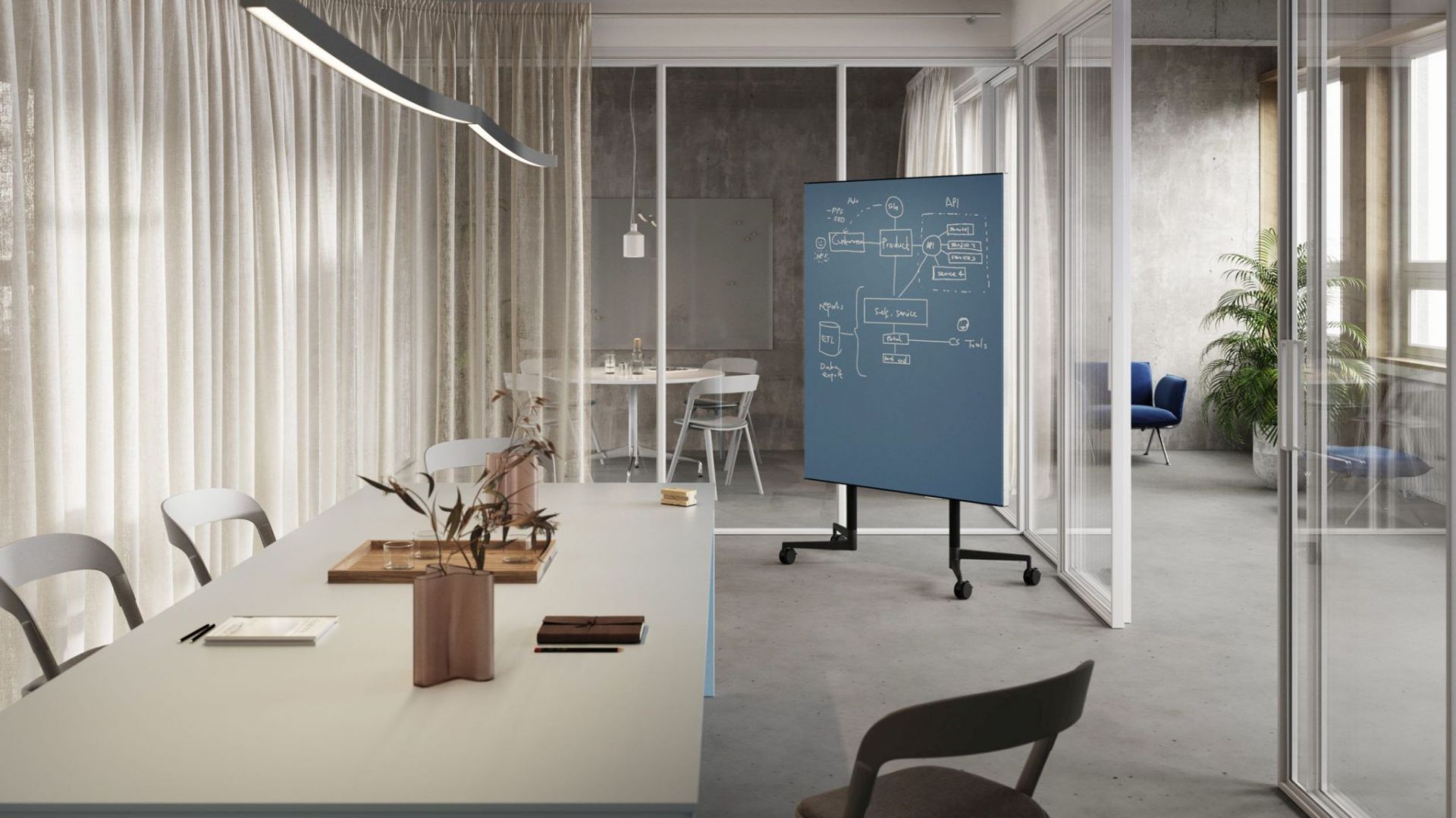 Chat Board Classic: Blaue, magnetische Glastafel auf Rollen im modernen Büro mit Besprechungstisch.