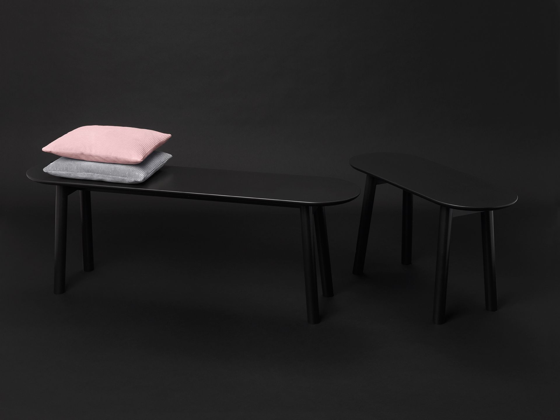 Schwarze Mala Sitzbank von Schönbuch (B 120 cm) mit Kissen, moderne Holzbank für Flur und Wohnzimmer.