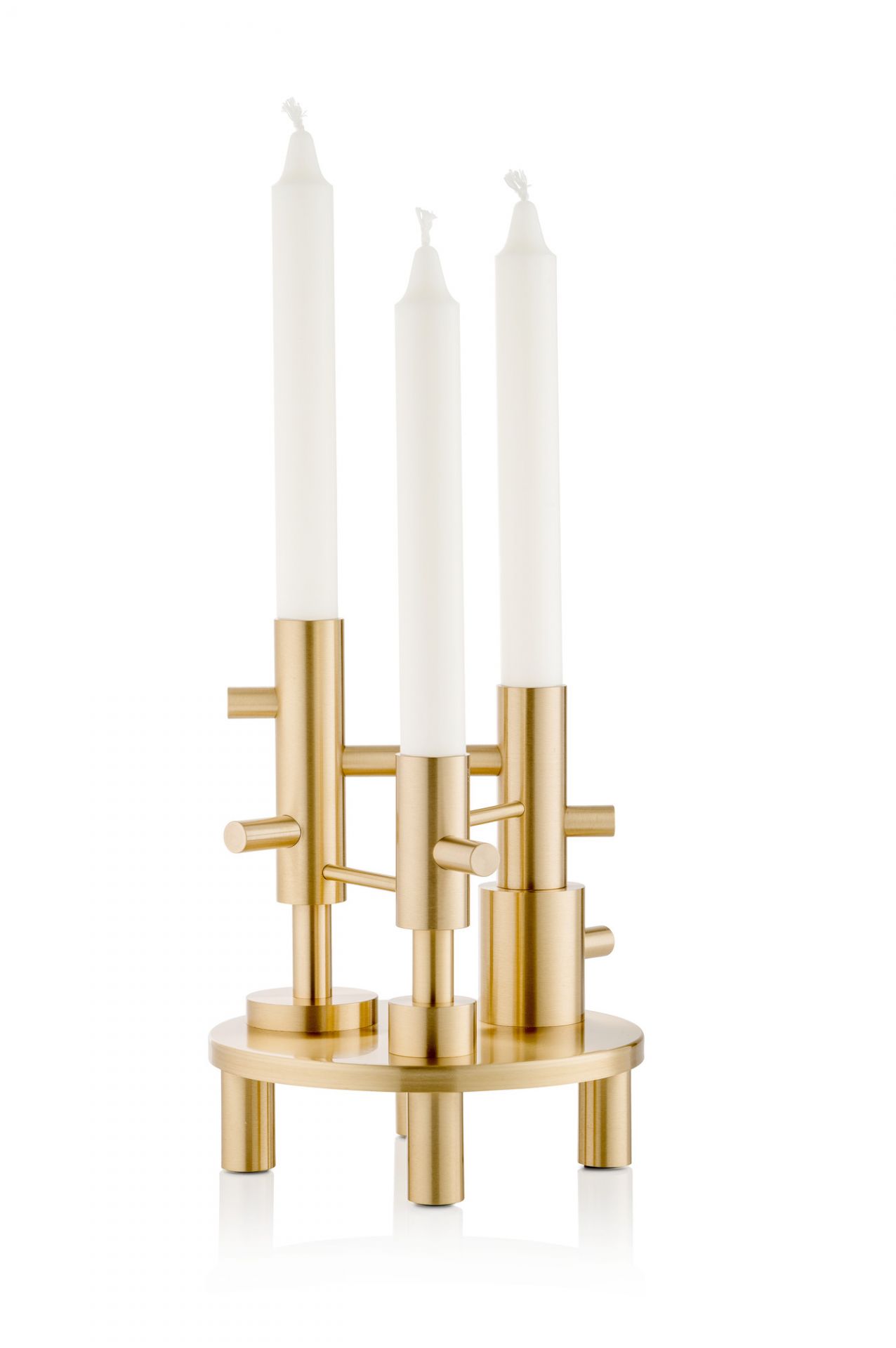 Goldener Fritz Hansen Kerzenhalter für drei Kerzen, moderner Leuchter aus Metall.