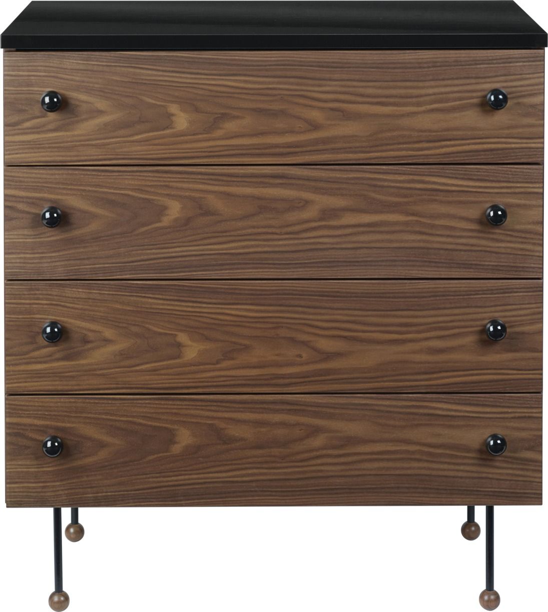 Gubi Kommode 62 Dresser mit vier Schubladen aus Holz und schwarzen Details.