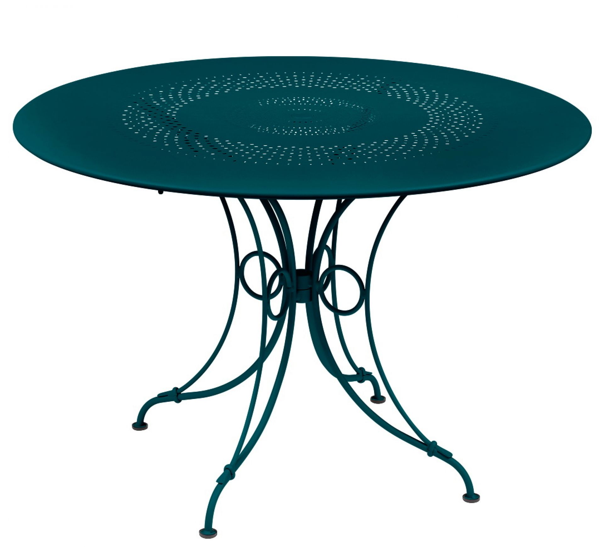 Blauer Fermob Gartentisch 1900, runder Outdoor Tisch mit filigranem, durchbrochenem Design für Garten und Terrasse.
