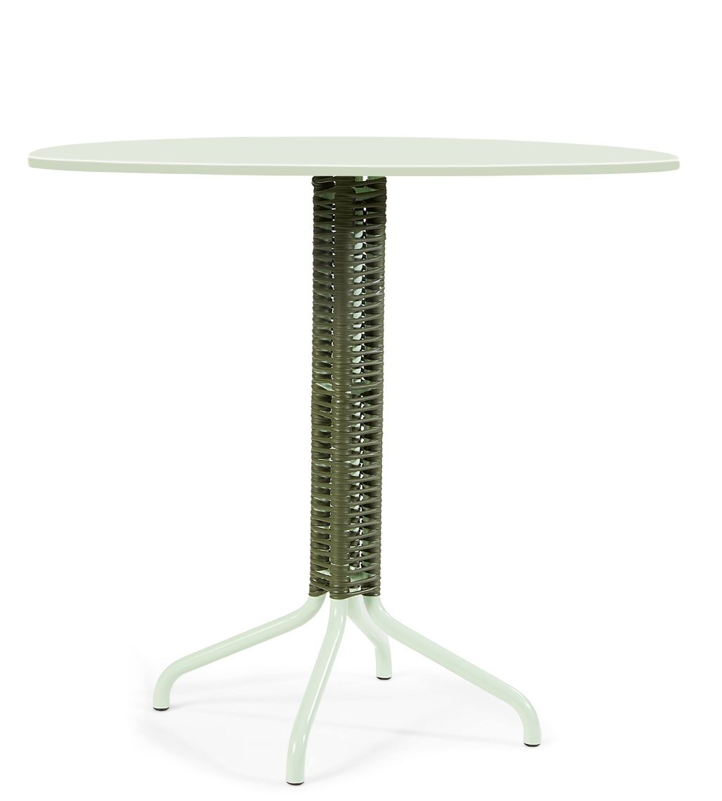 Cielo Table Outdoor: Runder Gartentisch in Pastellgrün mit olivegrünem, geflochtenem Fuß.