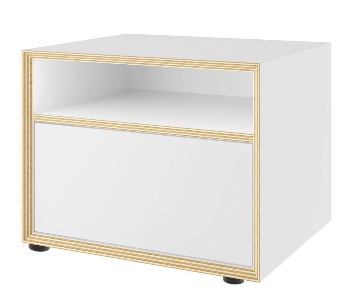 Vertiko Kommode von Müller Möbelwerkstätten, kleine weiße Nachttisch Kommode mit Schublade und offenem Fach.