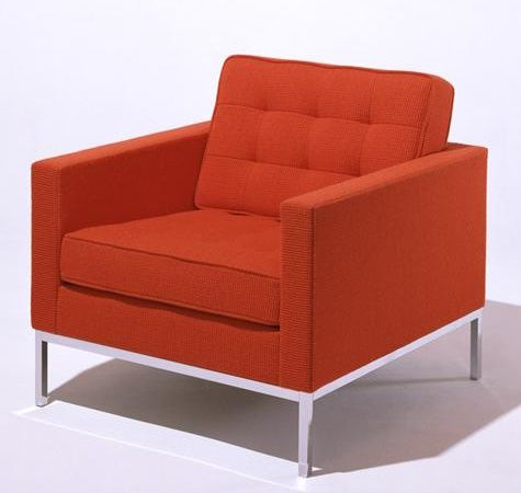 Florence Relax Sessel von Knoll International in Orange mit quadratischen Steppungen und Metallgestell.