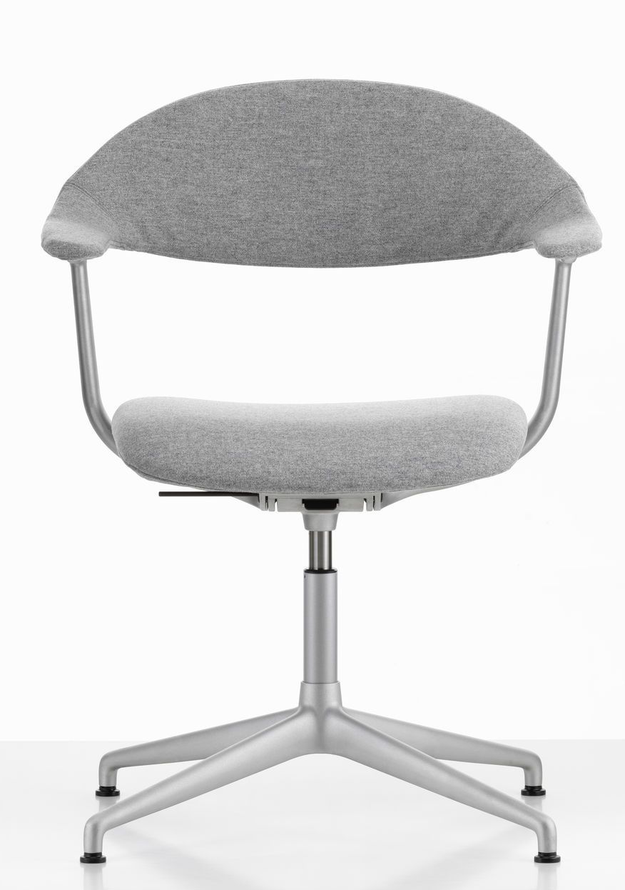 Mynt Bürodrehstuhl von Vitra mit grauem Stoffbezug, Rückenlehne und Aluminiumfußkreuz für ergonomisches Sitzen.
