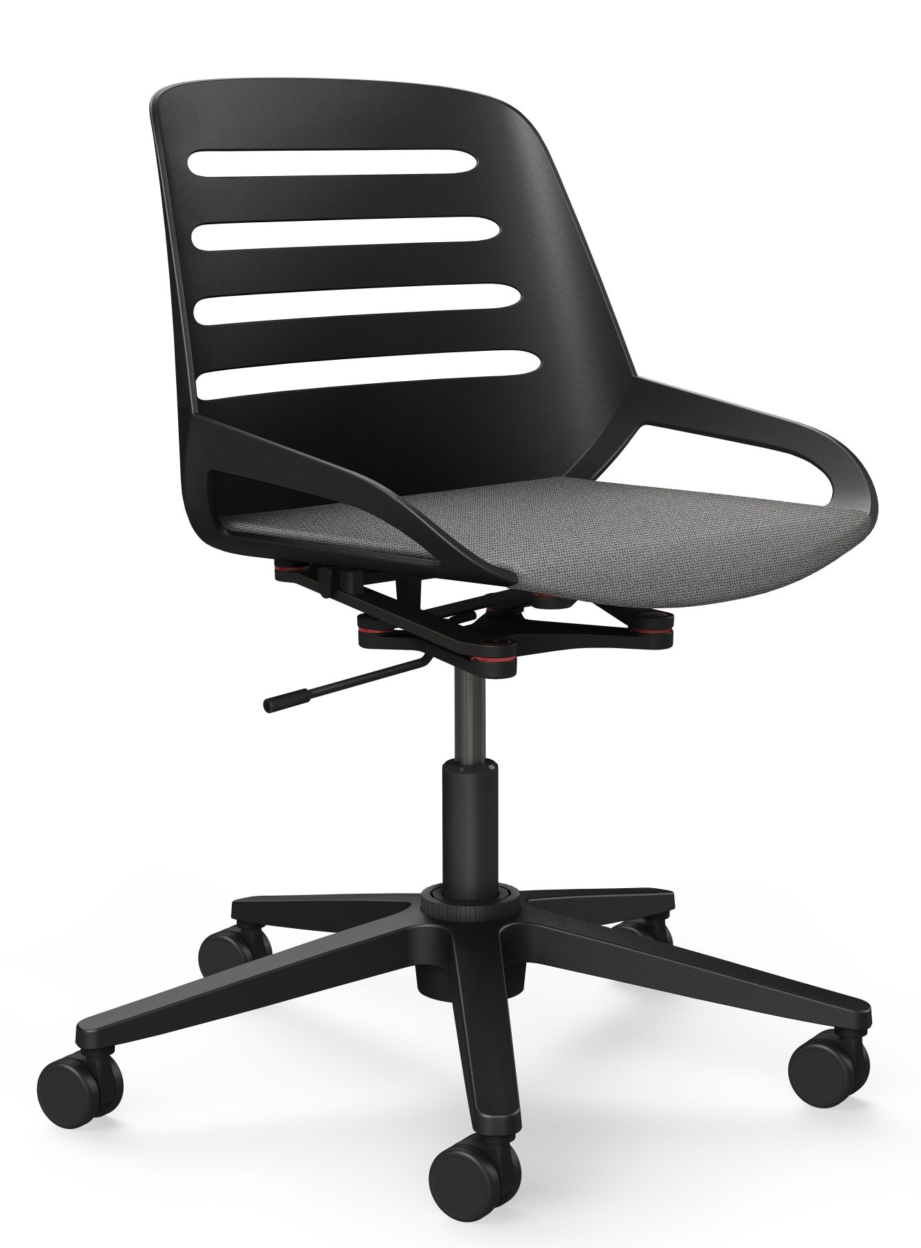 Numo Task Bürodrehstuhl von Aeris in Schwarz mit grauer Sitzfläche und Rollen für das Büro.