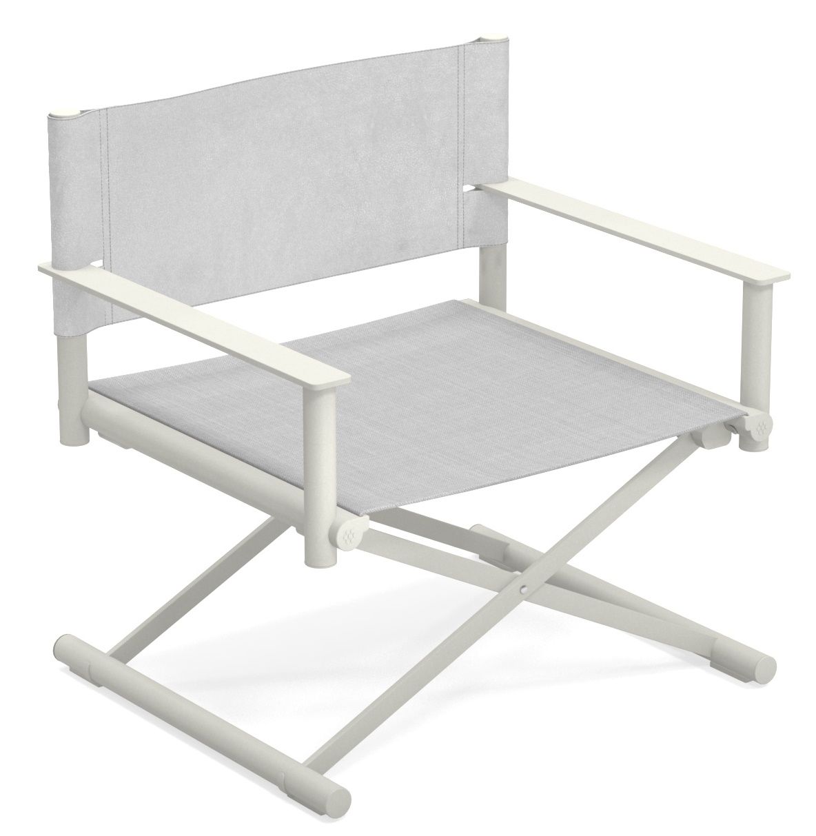 Terra Lounge Chair Sessel Outdoor Emu, hellgrauer Regiestuhl mit Armlehnen und Stoffbezug für Garten und Terrasse.