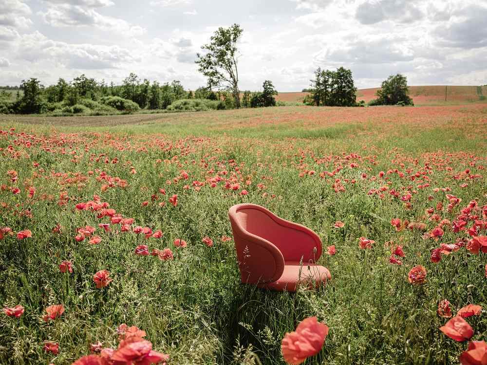 Ona Armlehnstuhl von Freifrau Manufaktur in Rot auf einer Wiese mit roten Mohnblumen.