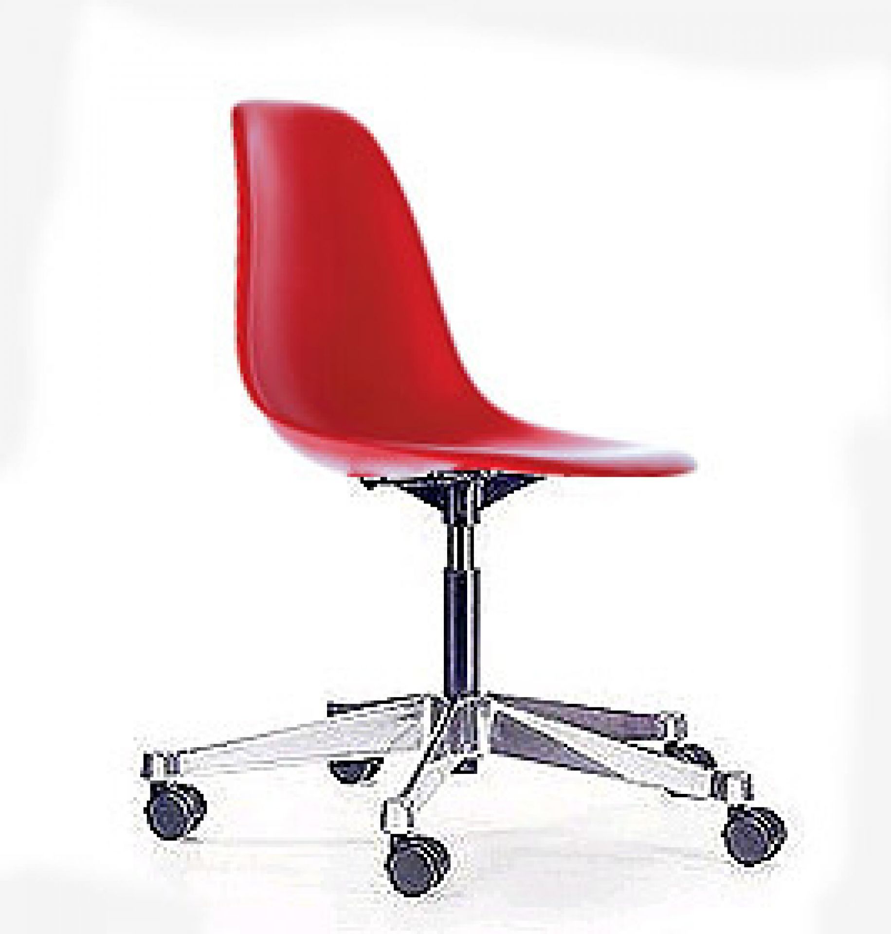 Roter Eames Stuhl von Vitra mit Drehgestell und Rollen. Bürostuhl Designklassiker.