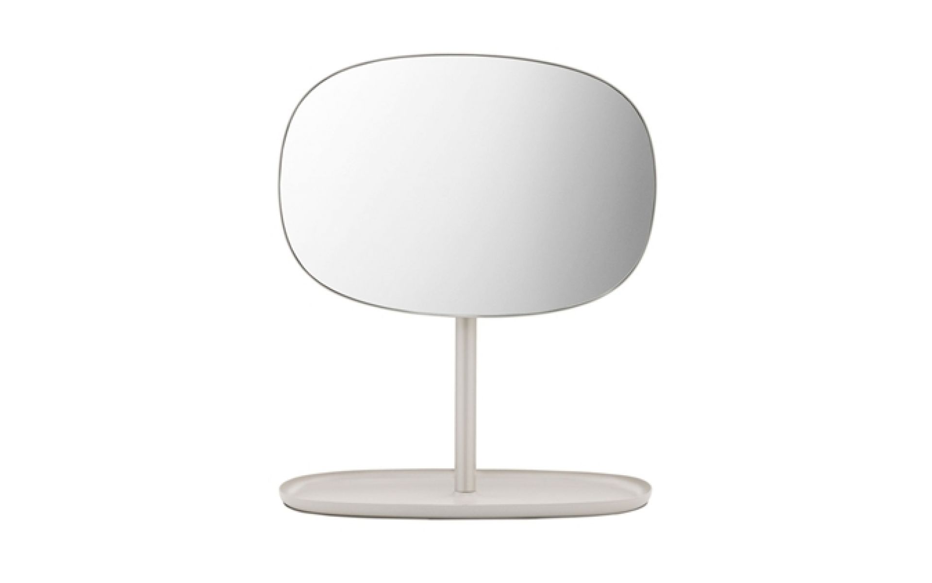 Weißer Normann Copenhagen Flip Spiegel mit ovalem Spiegelglas und Ablagefläche.