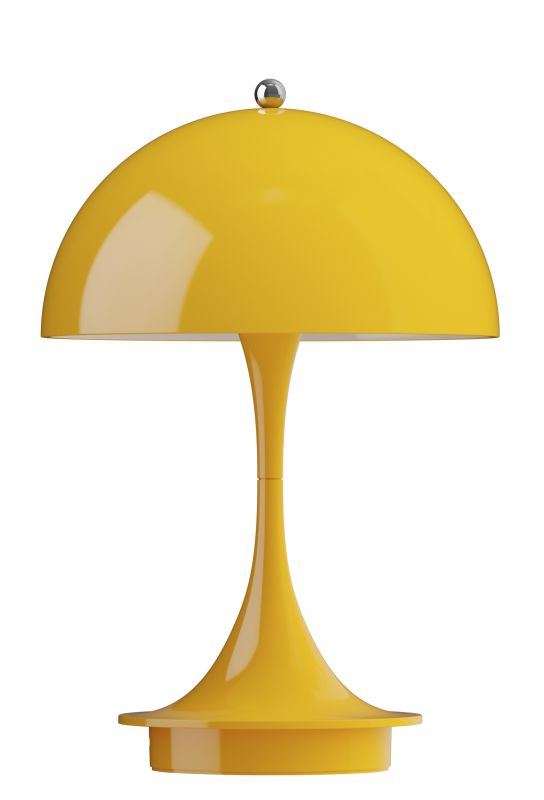 Gelbe Panthella Tischleuchte von Louis Poulsen, eine moderne und tragbare LED-Lampe für Innen und Außen.