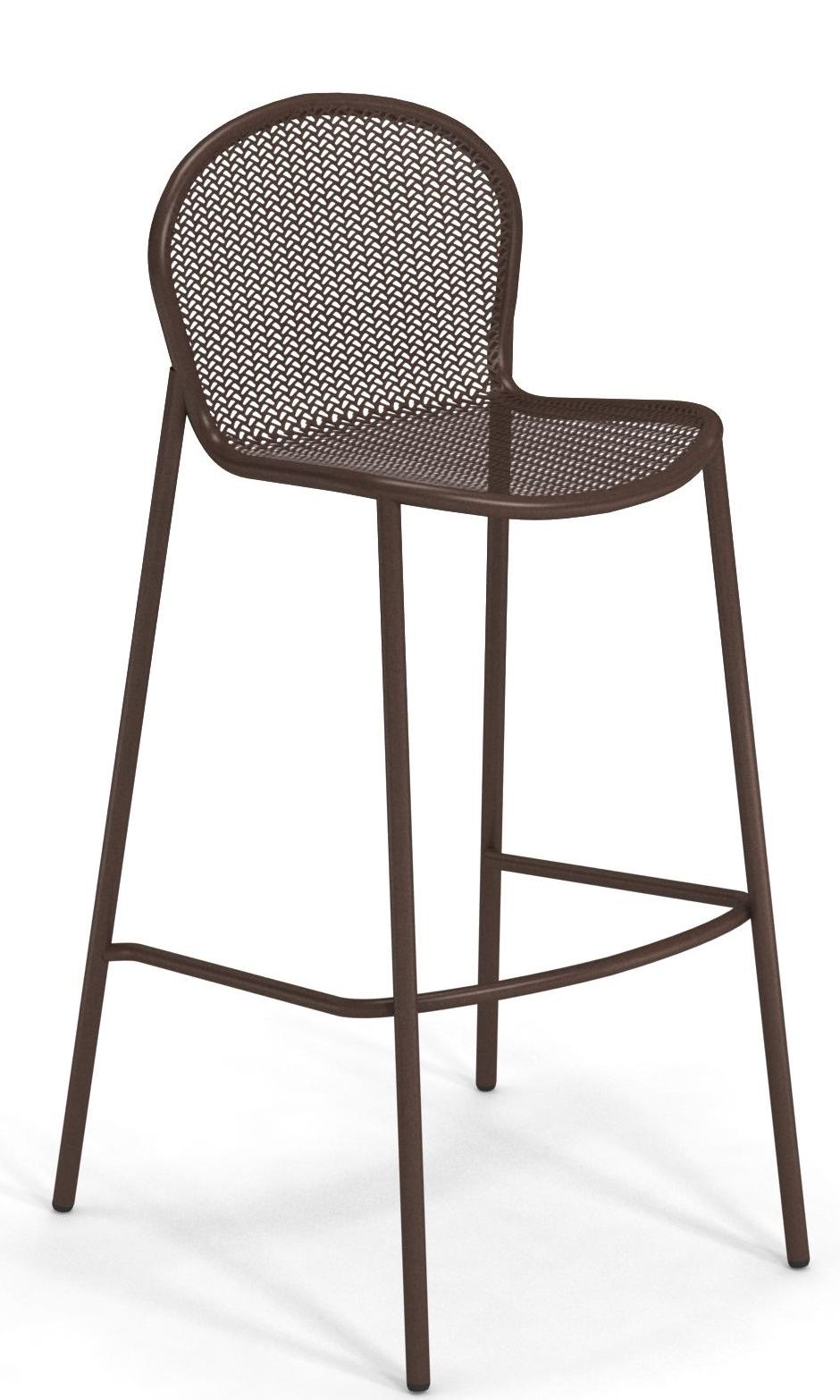 Nahaufnahme des Ronda X Barhockers von Emu, brauner Metall-Barstuhl mit Fußstütze und Netzmuster.