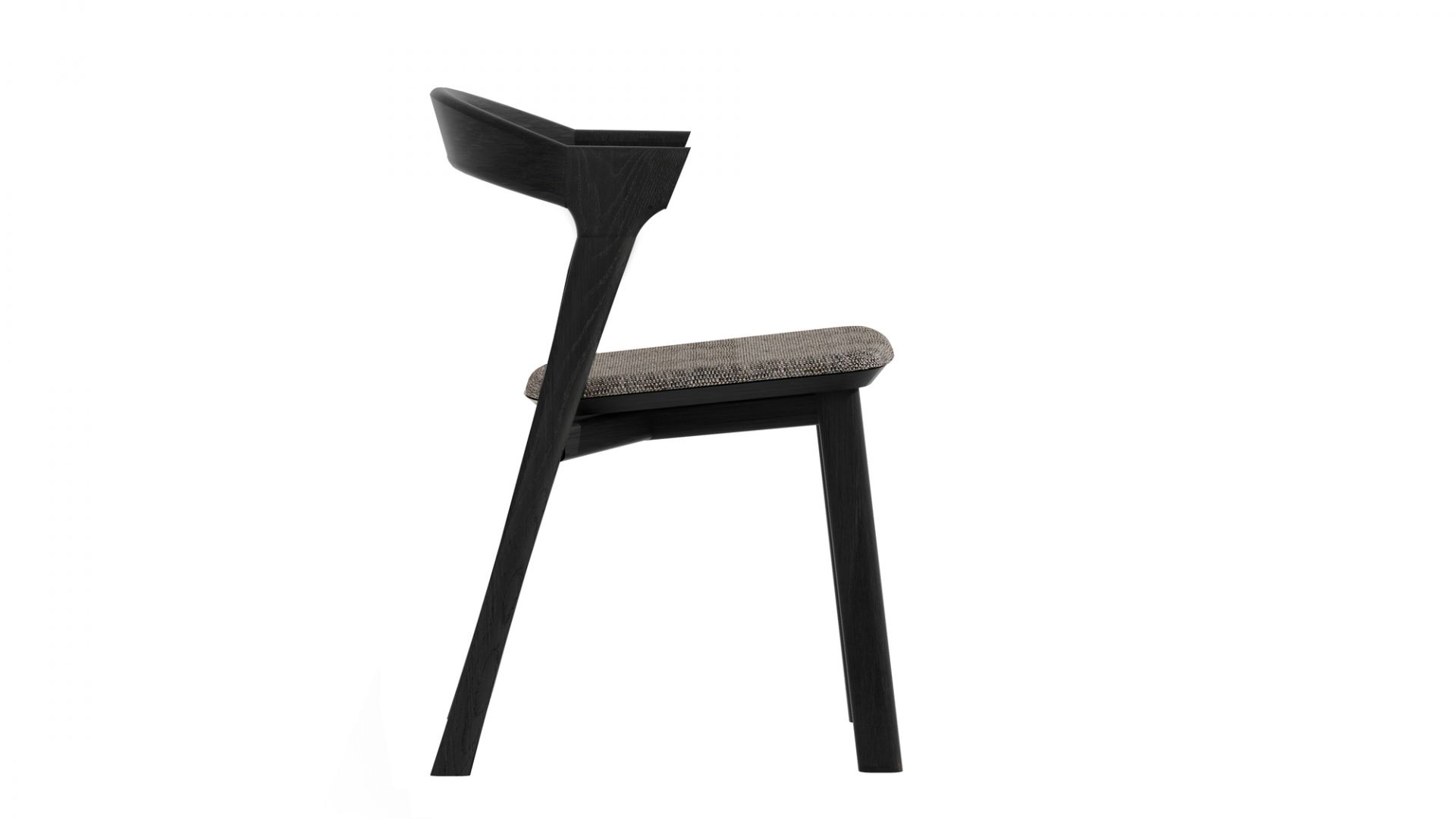 Bok Stuhl ohne Armlehne: Eichenholz, schwarz gebeizt, mit grauem Sitzkissen. Designstuhl für Esszimmer.