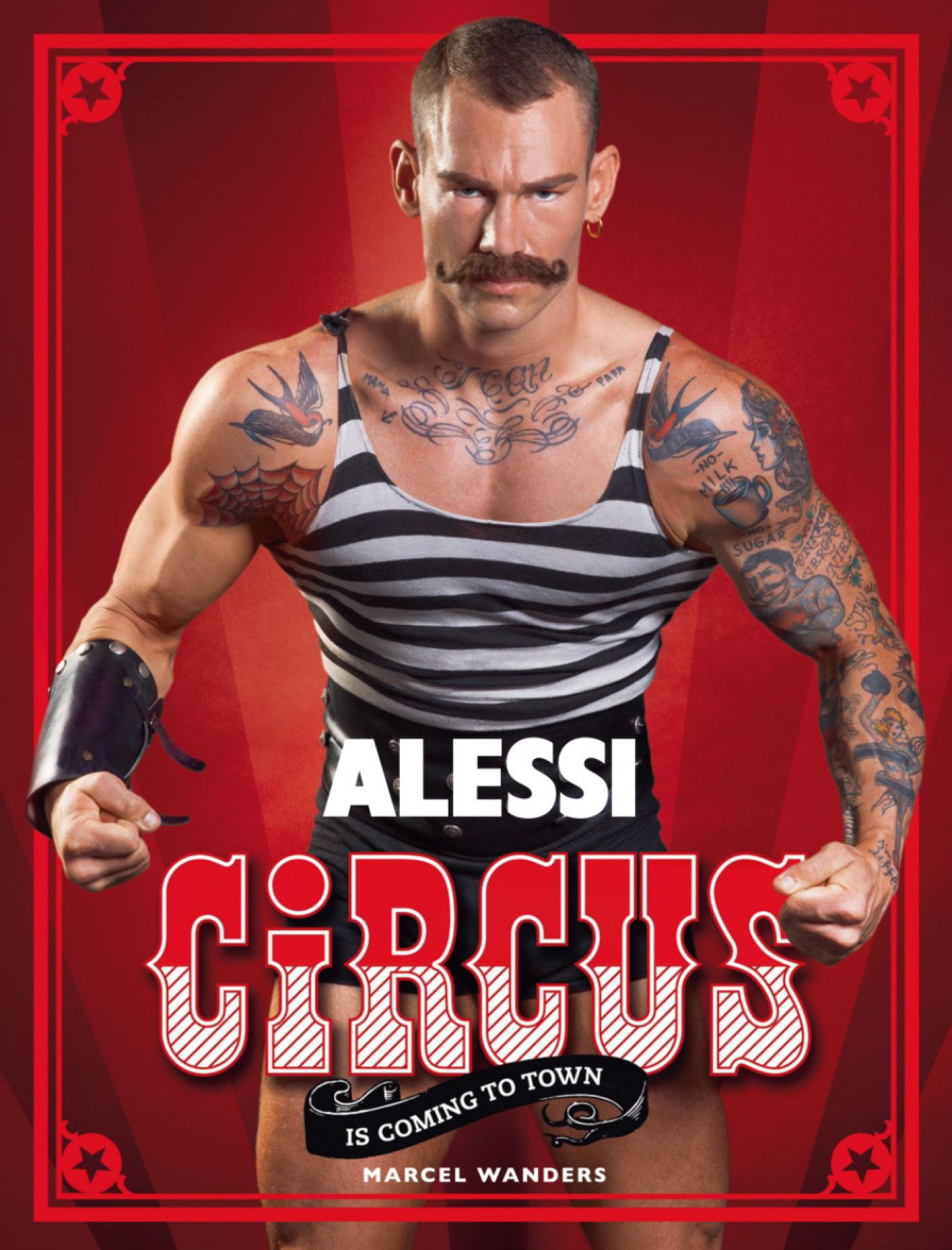 Alessi Circus Poster mit tätowiertem Mann im Ringelshirt und Zirkus-Schriftzug.