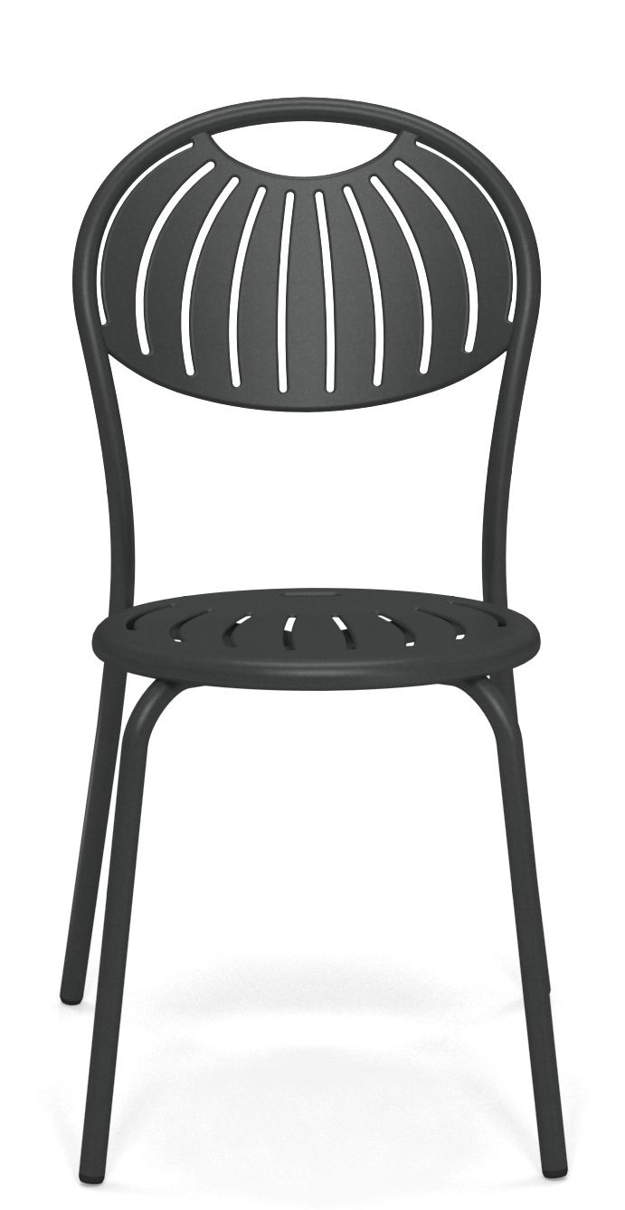 Coupole Stuhl von Emu für den Außenbereich, dunkelgrauer Metallstuhl mit abgerundeter Rückenlehne und Sitzfläche.