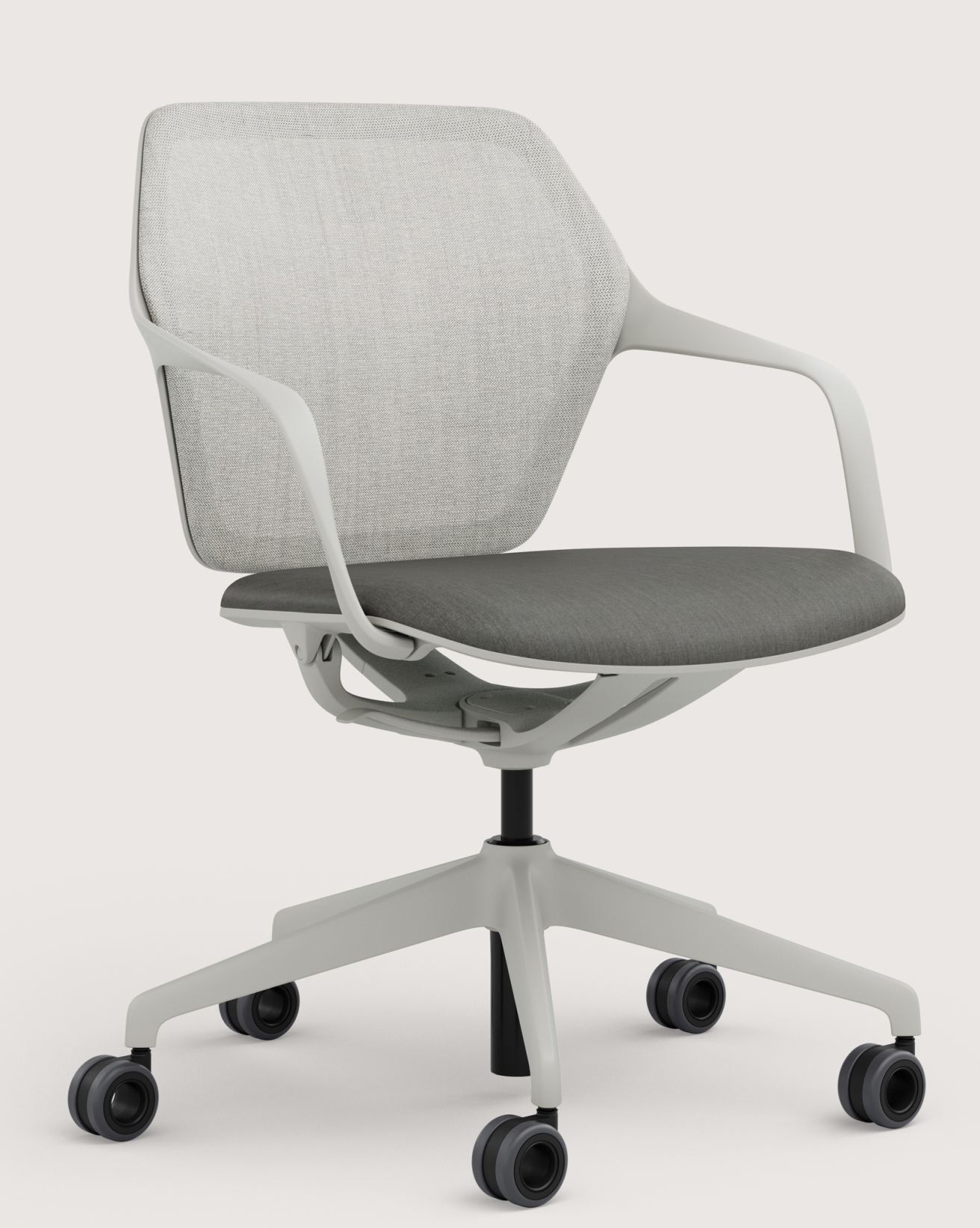 Ray Work 9223 Bürodrehstuhl von Brunner mit grauem Sitzpolster und weißem Gestell auf Rollen.