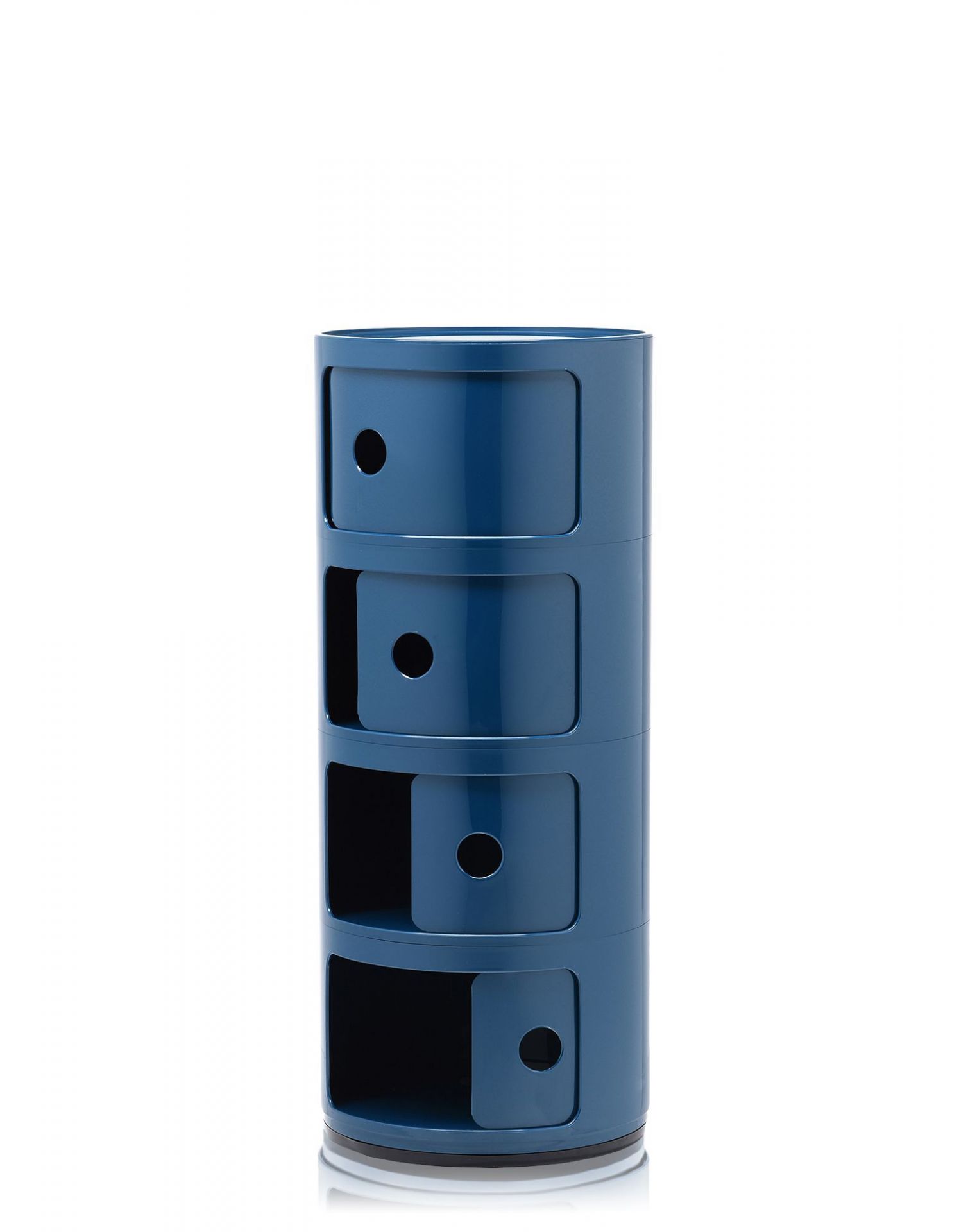 Blauer Componibili Aufbewahrungsturm mit vier Elementen von Kartell, modernes Design für Wohnzimmer und Büro.