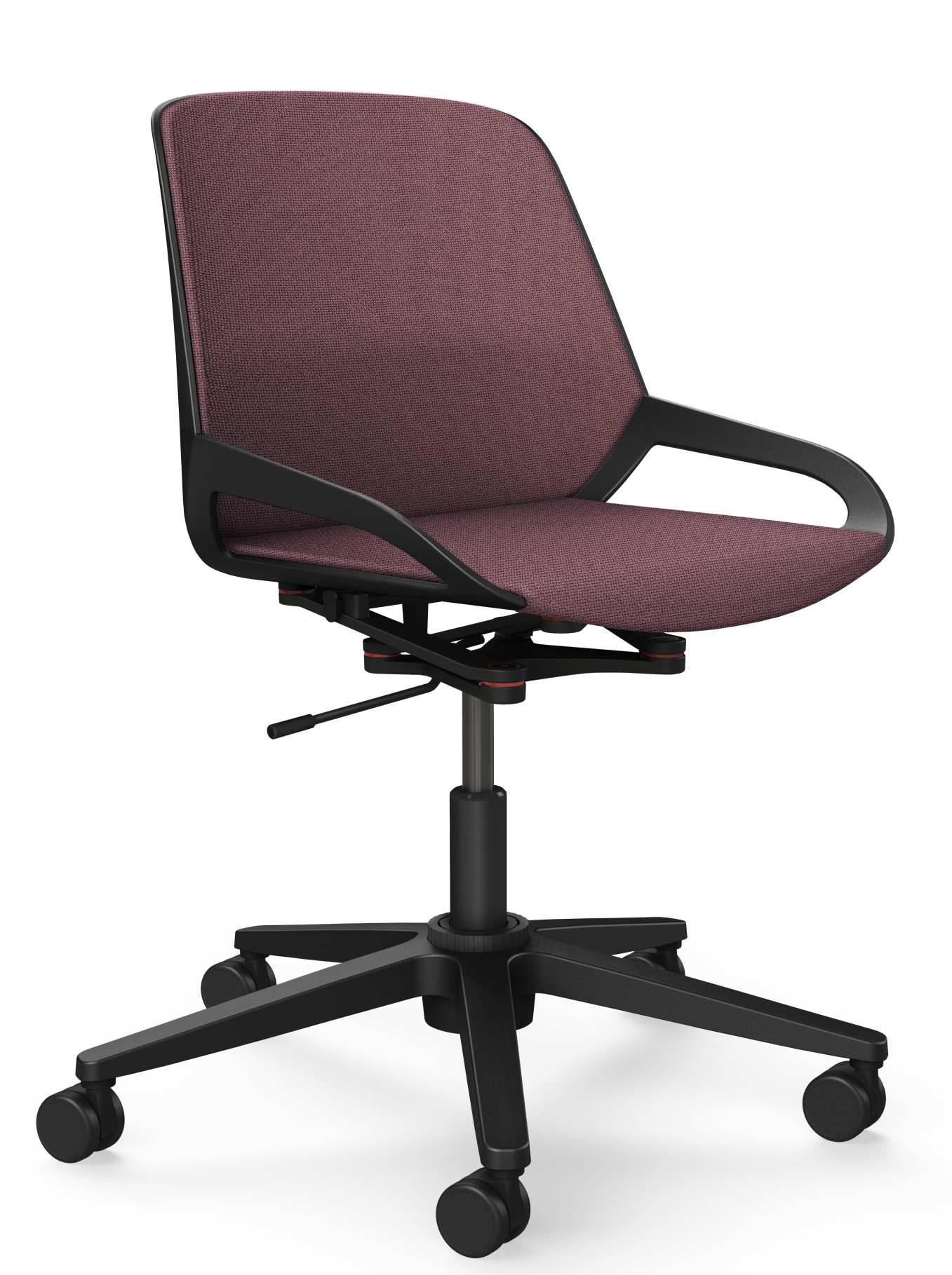 Numo Task Bürodrehstuhl von Aeris mit Säule und Rollen, Stoffbezug in Weinrot, ergonomisch und modern.