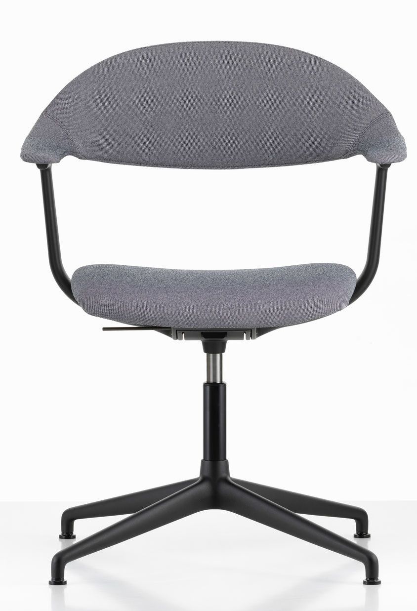 Vitra Mynt Bürodrehstuhl mit grauem Stoffbezug und schwarzem Fußkreuz, ergonomischer Schreibtischstuhl für das Büro.