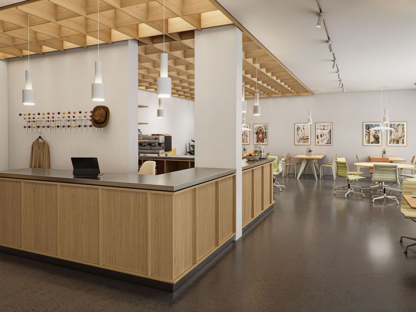 Innenansicht eines modernen Büros mit Vitra Soft Pad Stühlen EA205 in Grün und Holztischen.