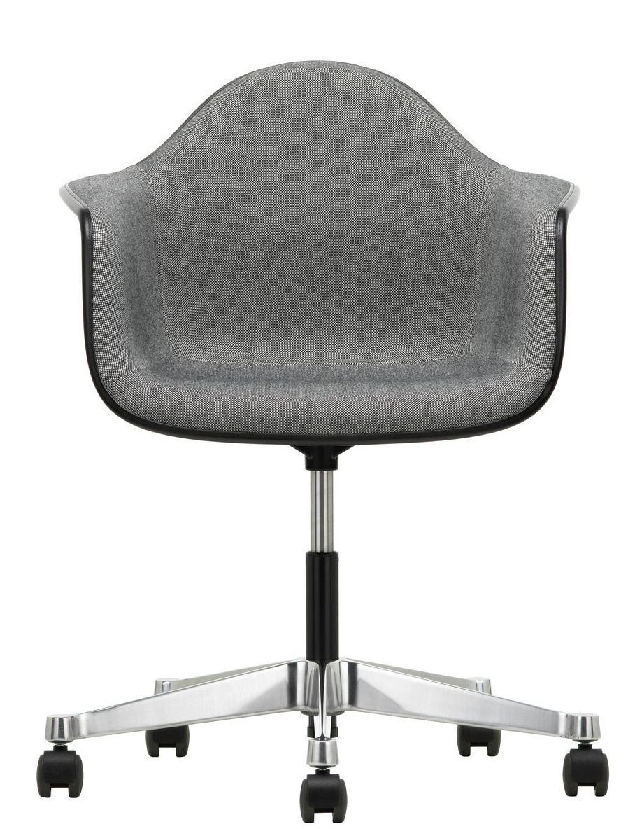 Vitra Eames Plastic Arm Chair PACC, vollgepolstert, grauer Stoffbezug, Drehfußkreuz mit Rollen, Bürostuhl.