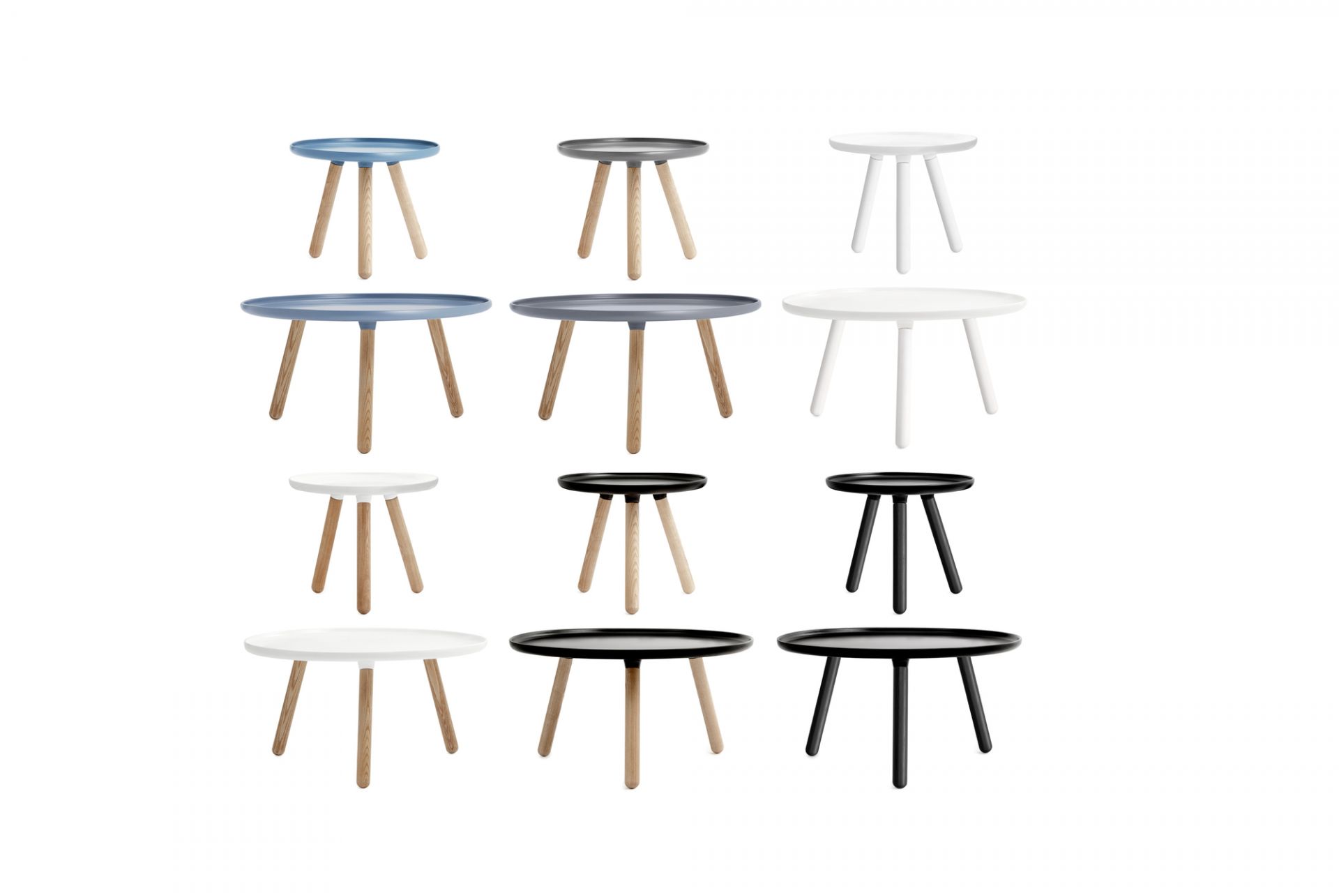Verschiedene Tablo Table Beistelltische von Normann Copenhagen in Blau, Grau, Weiß und Schwarz.